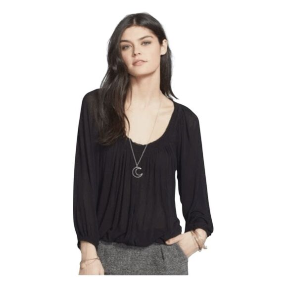 Free People Scoop Neck Top Black Shirred Jersey Long Sleeve S - Picture 2 of 9